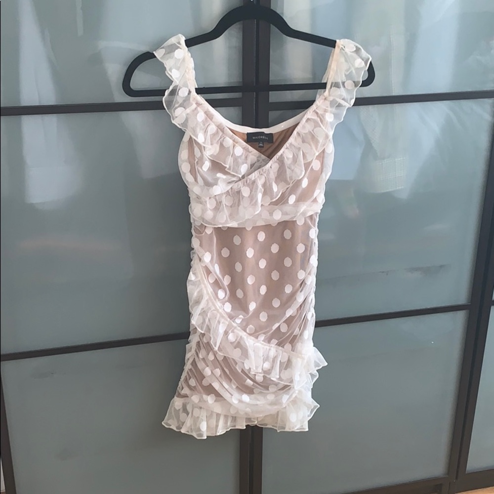 MAJORELLE white/nude polka dot mini dress